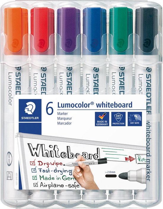 Set de 6 marqueurs pour tableau blanc Staedtler Lumocolor orange, rouge, violet, bleu, vert et noir.