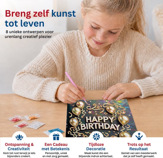 Meisje met trui maakt diamond painting 'Happy Birthday' kaart met diamanten harten en ballonnen, met uitleg over ontspanning en cadeau.