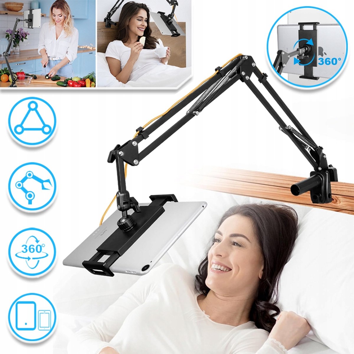 360° Rotatie En Lange Arm – Flexibele Tablet Standaard Met Dubbele Vouwsluiting – Stevige Bevestiging Voor Bed En Bureau – Handsfree Voor iPad, iPhone En Gamen