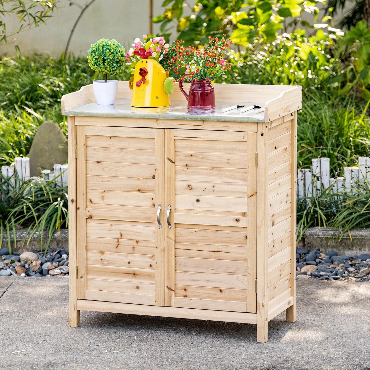 WUVRIE - Tuinopbergkast 83x40x92 cm - Met plantentafel en 2 legplanken - Naturel