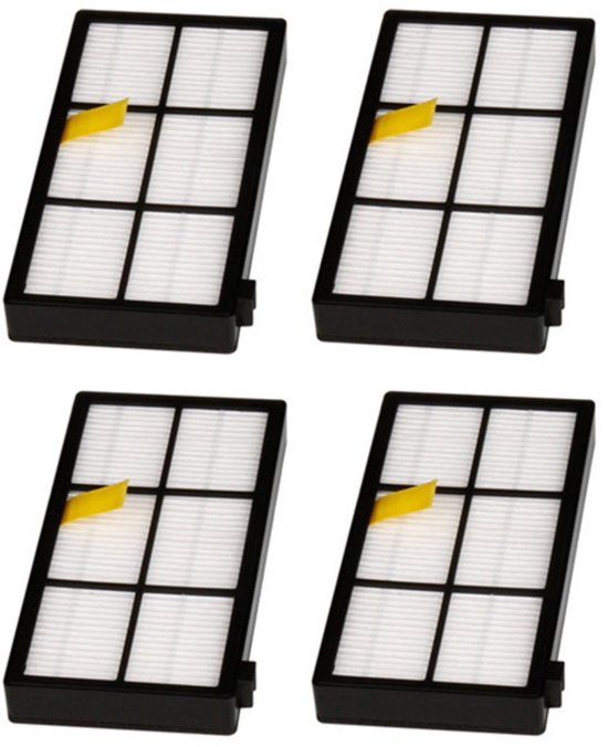 Vier vervangende filters met witte filters en zwarte randen, met gele lipjes.
