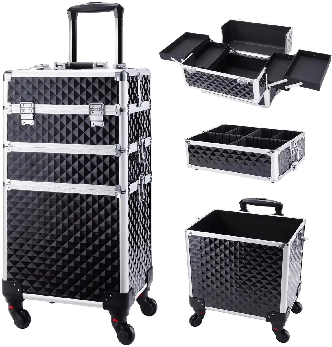 Sellino Make up koffer - Make up trolley - Rollende koffer - Ruime opbergruimte - Afneembaar & Makkelijk Verrijdbaar - Zwart