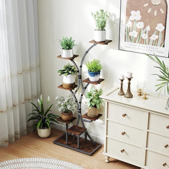Plantenstandaard Met Kweeklampen - 8-Laags Plantenrek - Metalen Houten Bloemenplank - Voor Binnenhuistuin Balkon - Bloemenstandaard Binnen