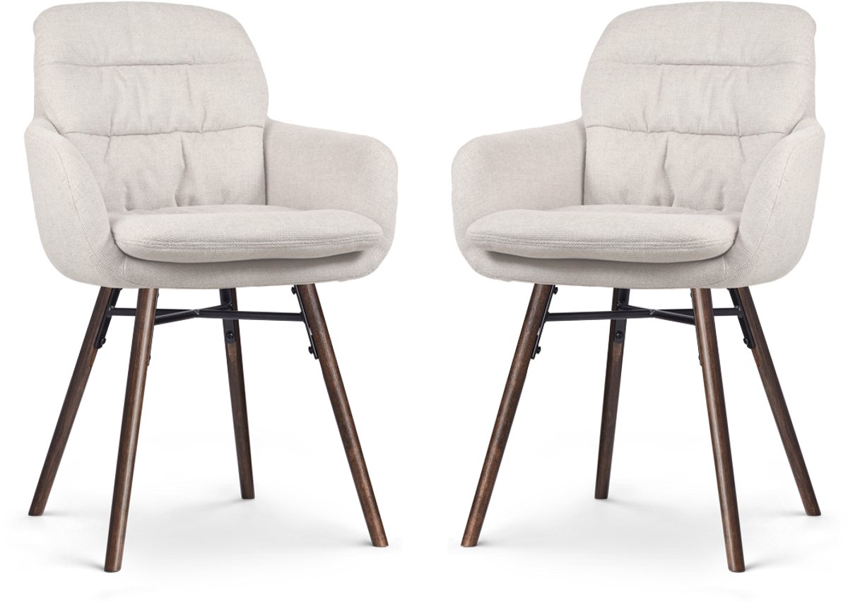 Nolon Nena-Mia Eetkamerstoelen Set van 2 Beige - met Armleuning - Stof - Hoge Rugleuning - Houten Poten - Walnoot Beige - Walnoot onderstel