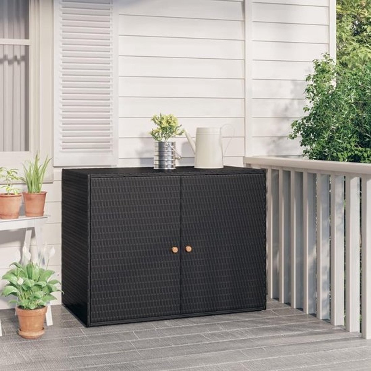 Tuinkast van zwart polyrotan - 100 x 55 cm - Met handgrepen van acaciahout voor tuingereedschap