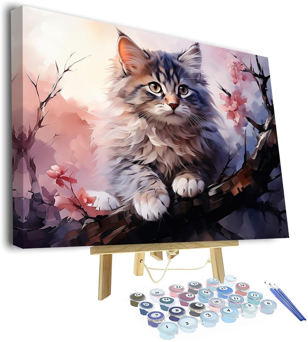 SnelShoppen - Schattige kat schilderen op nummer volwassenen dieren olieverfschilderij met kwast en acrylpigment, 40cm x 51cm op canvas, kunsthandwerk
