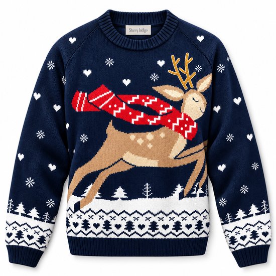Donkerblauwe kersttrui met een springend hert met gouden gewei, rode sjaal en witte kerstprint. Merk: Starry Indigo.