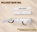 Instructie met boor sjabloon, uitklapbaar droogrek en de tekst 'Wanneer je gebruik maakt van de boor handleiding is het ophangen gebeurd in een handomdraai'.