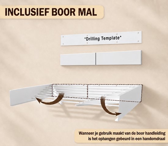 Instructie met boor sjabloon, uitklapbaar droogrek en de tekst 'Wanneer je gebruik maakt van de boor handleiding is het ophangen gebeurd in een handomdraai'.