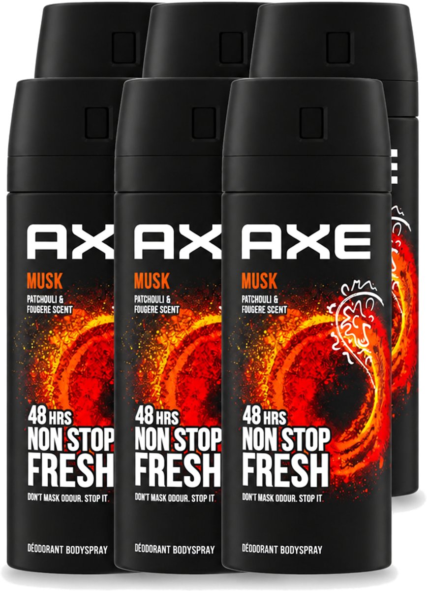 6 x Axe - Deodorant Bodyspray - 48hrs Non Stop Fresh - Musk - Patchouli & Fougere - 150 ml - Voordeelverpakking - 6 stuks
