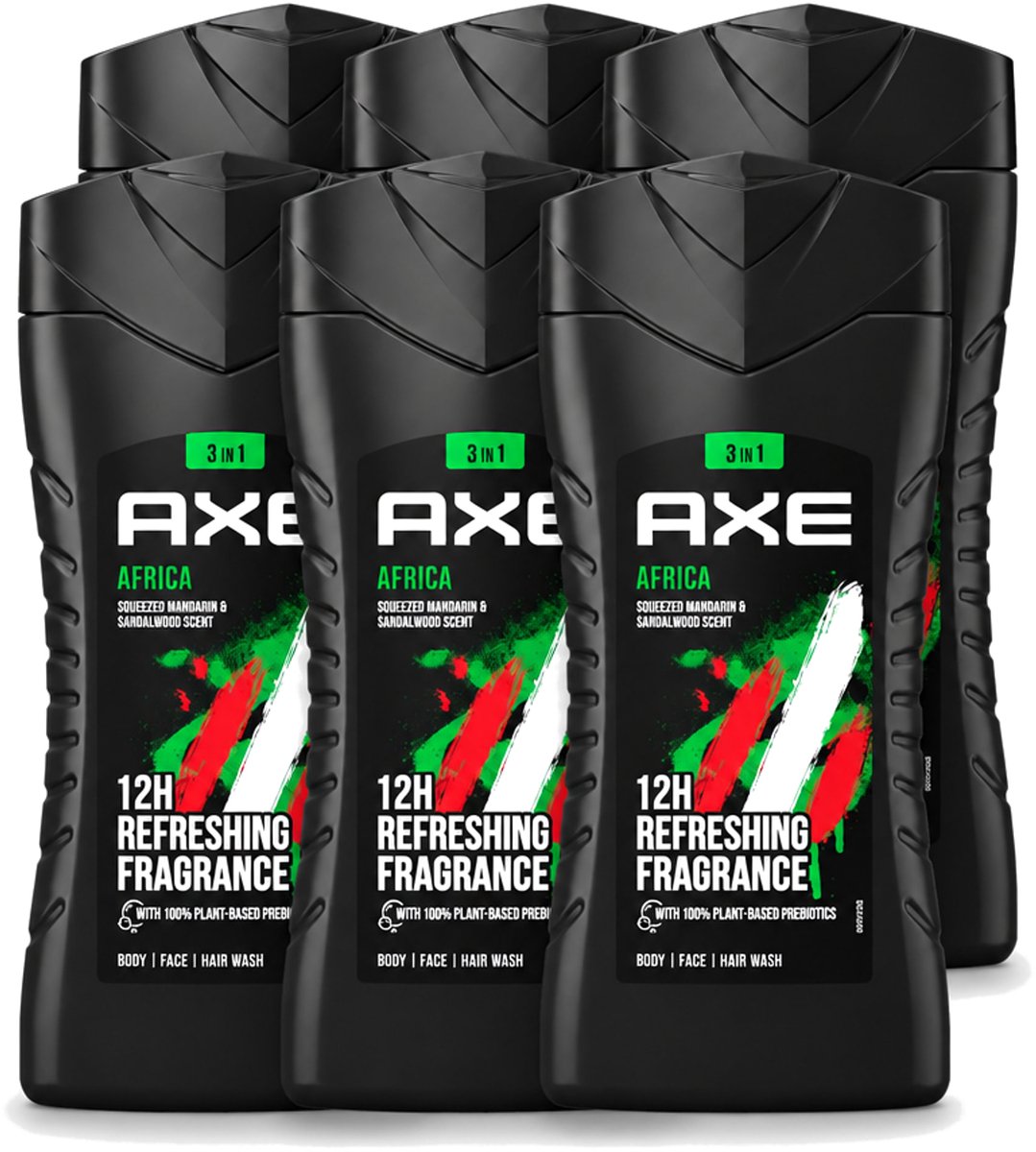 6 x Axe - 3-in-1 Douchegel - Africa - Squeezed Mandarin & Sandalwood - 100% Plantaardig - 250 ml - Voordeelverpakking - 6 stuks