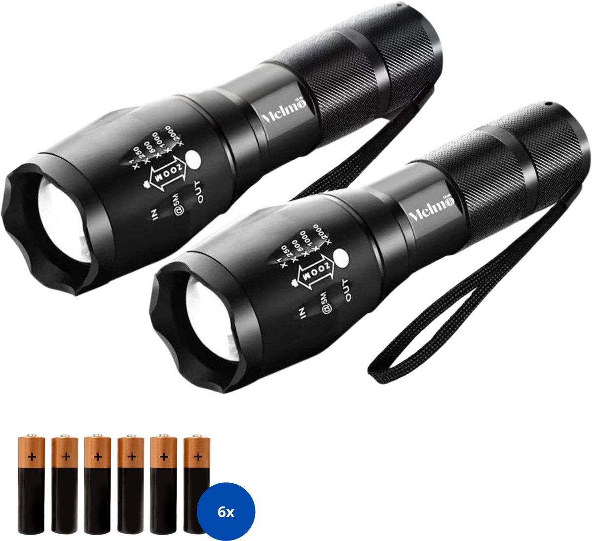 Bol.com Melmö® Zaklamp LED - Set van 2 - Zaklamp op Batterijen - 1200 Lumen - Bereik tot 1000 m - 5 Lichtstanden - Zoombaar - IP... aanbieding