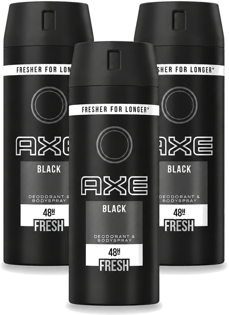 3 x Axe - Deodorant Bodyspray - 48hrs Fresh - Black - 150 ml - Voordeelverpakking - 3 stuks