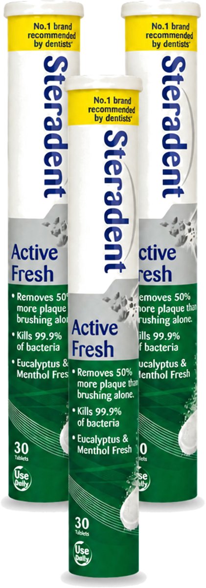 3 x Steradent - Reinigingstabletten - Active Fresh - Voor Kunstgebitten - 30 Tabletten - Voordeelverpakking - 3 stuks