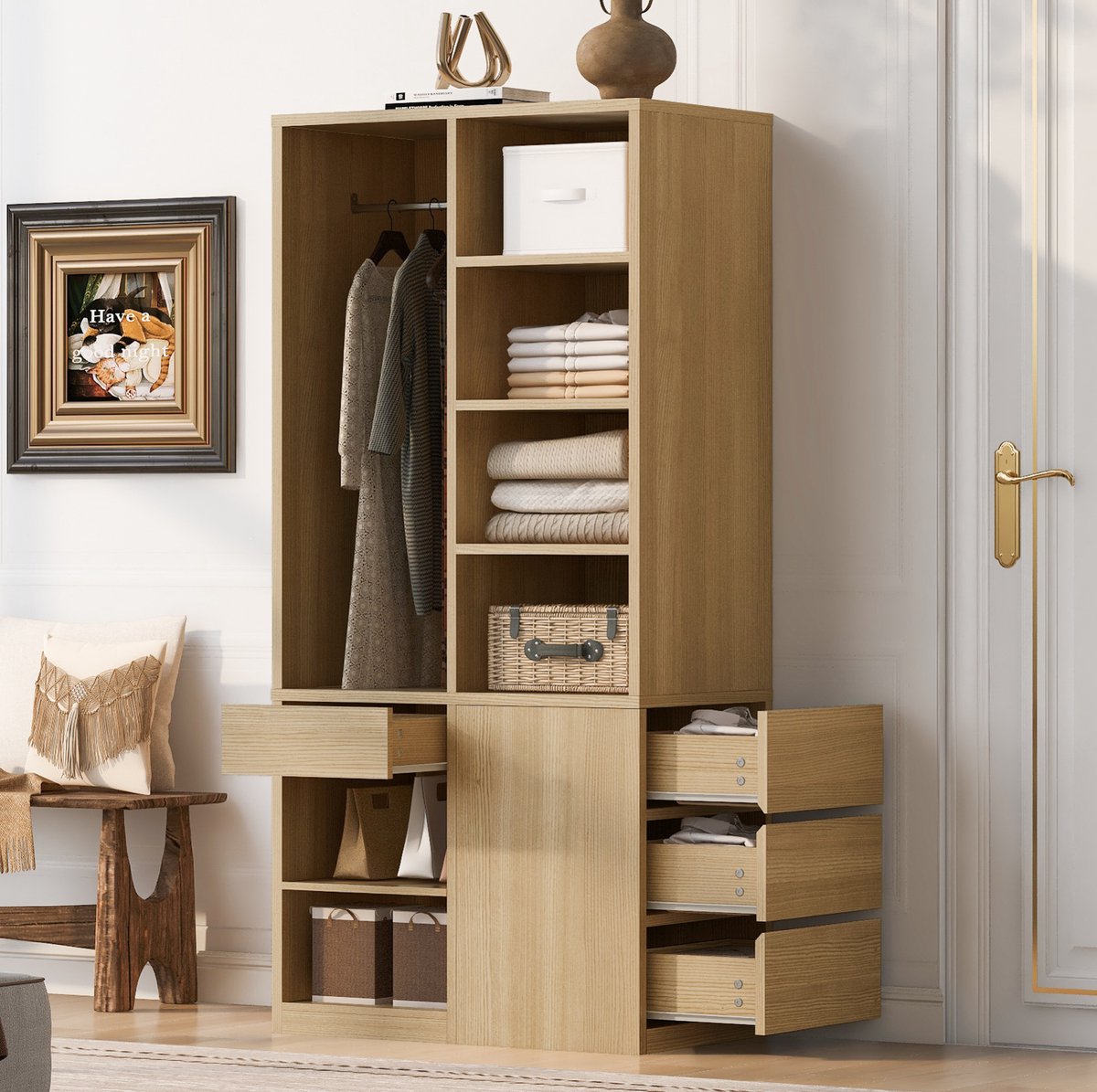 OKWISH Kledingkast - Met Kledingroede Lades En Open Vakken - Slaapkamer En Kleedruimte - MDF En Multiplex - Wit En Houtkleur - 70 x 50 x 170 cm