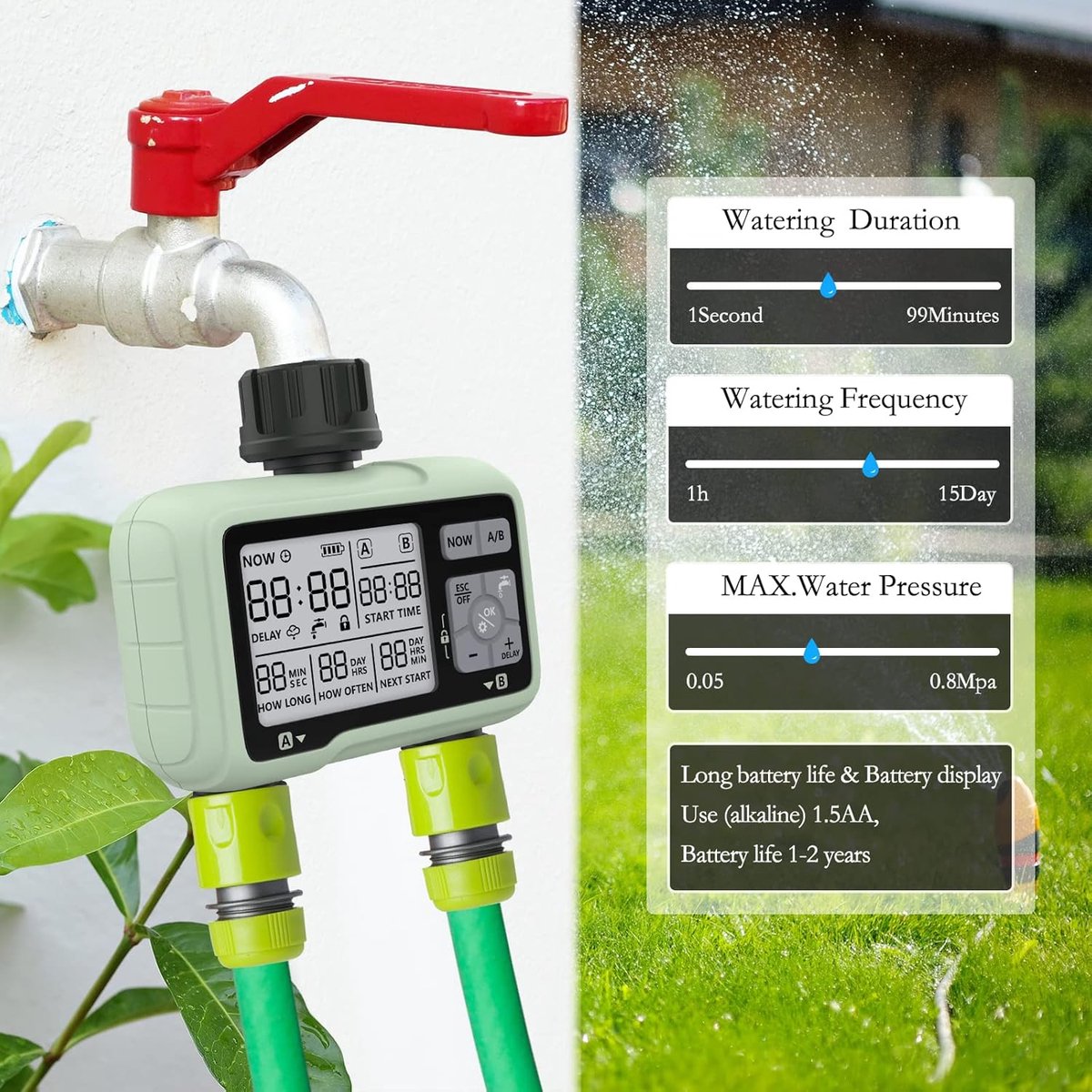 SnelShoppen - Watertimer met 2 Uitgangen - Automatische Irrigatie voor Tuin - LCD-Scherm - Eenvoudige Bediening - Kinderslot - Zware Regenvertraging -