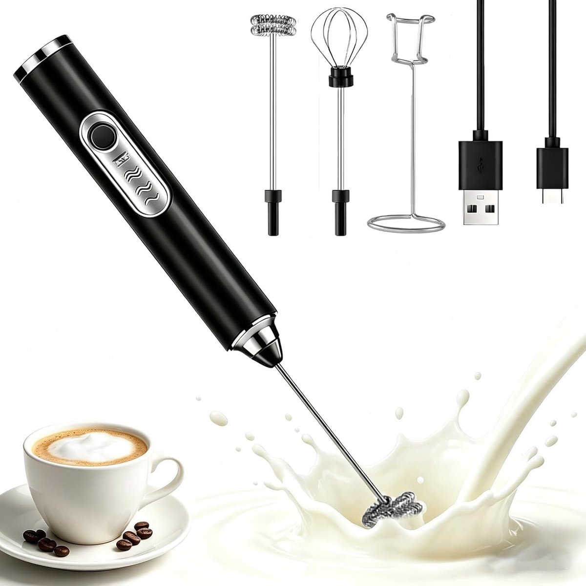 Elektrische melkopschuimer, met roestvrijstalen houder, USB-melkopschuimer voor cappuccino, proteïnshakes, matcha - ShopVlot