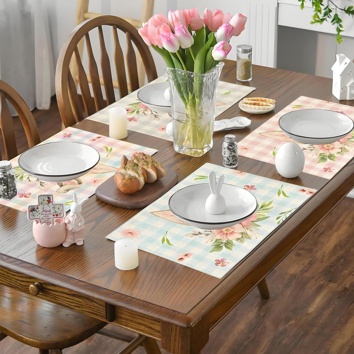 Placemats set van 4 - Linnen met konijnenoren - Lente bloemen - Creëer een vrolijke sfeer - ShopVlot