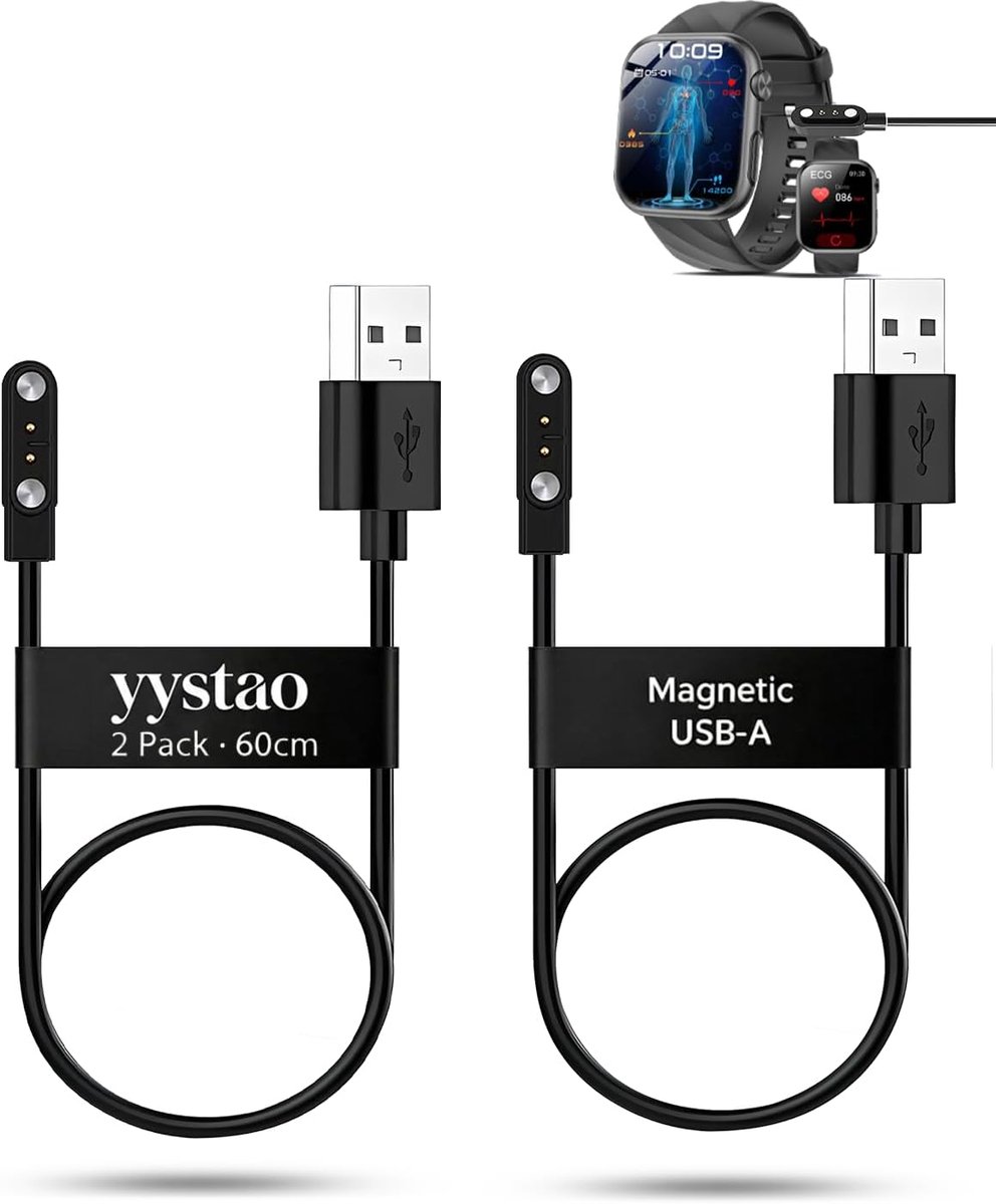 2 stuks oplaadkabels voor Lgnitek MT19 smartwatch 1,97 inch, stabiele magnetische USB-A vervangende oplaadkabel - ShopVlot