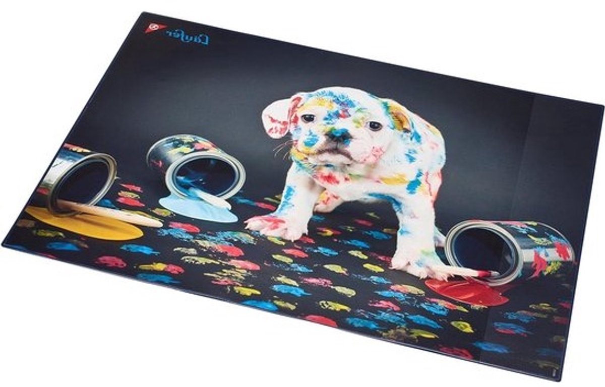 Bureauonderlegger met kleurrijke hond - 53 x 40 cm - Antislip - Voor kinderen - Accessoires - Voor het kinderbureau - Transparant zijvak