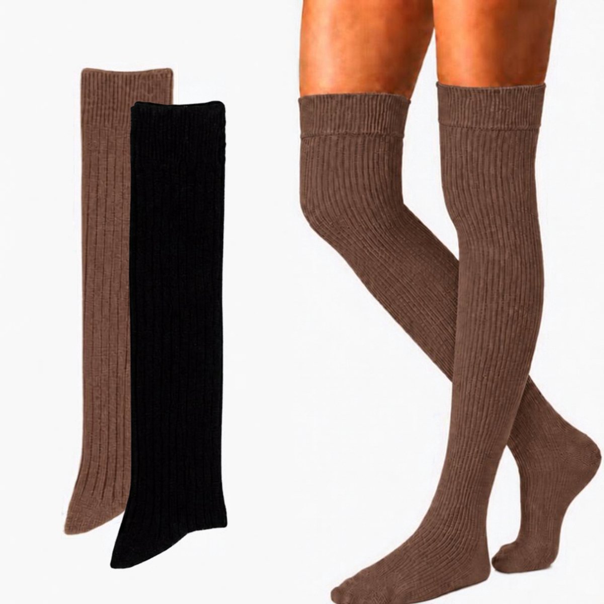 green-goose Cashmere Kniekousen - Hoge Kwaliteit Warme Thermossokken - Zwart & Bruin - Elegante Kasjmier Sokken Dames - Maat 35-38