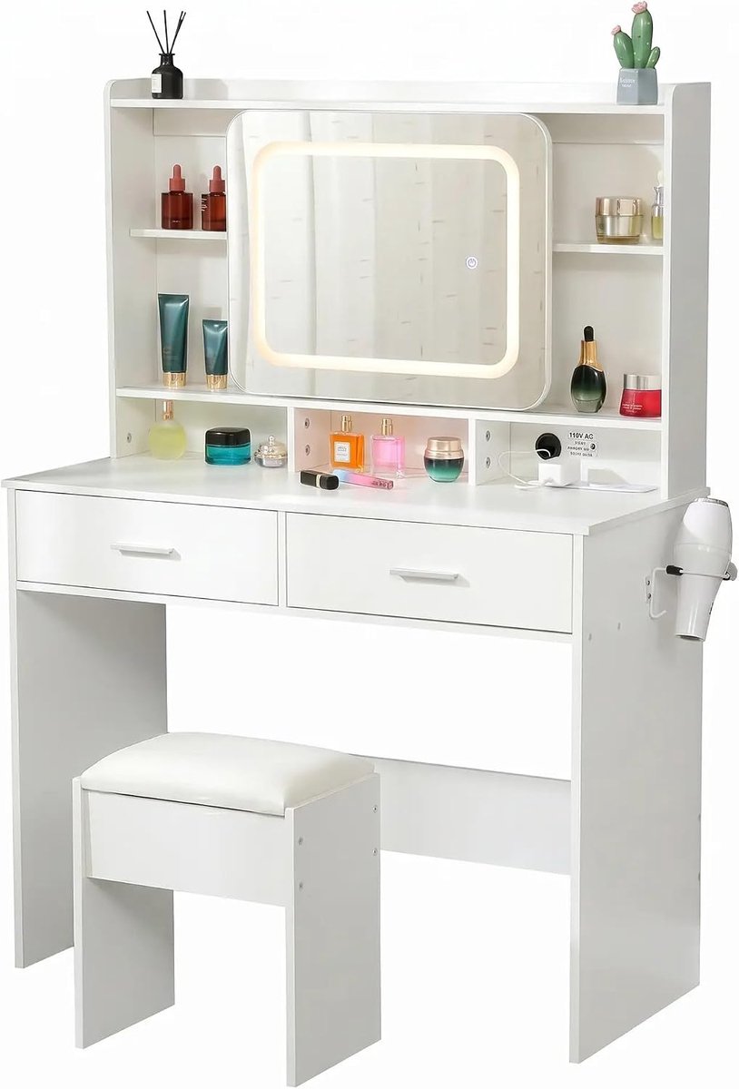 Kaptafel met LED-spiegel en opbergmogelijkheden - 100 x 43 x 138 cm - Wit - Industrohome