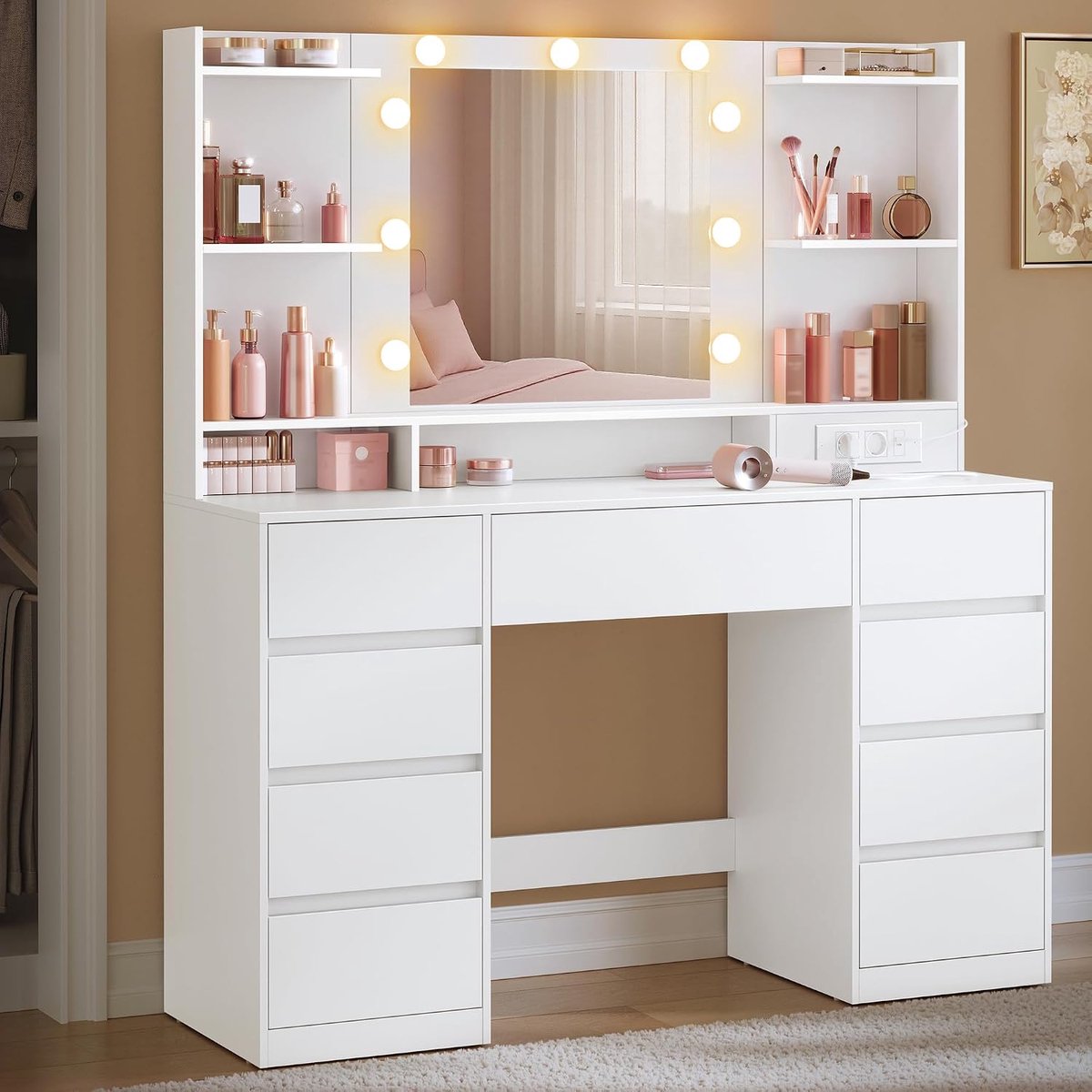 Kaptafel met Spiegel en LED-Verlichting, 9 Laden, 107 x 144 cm - Industrohome