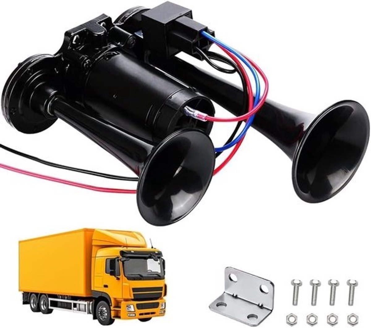 Superluide luchthoorn 12V - 600 dB - Dubbele buis met compressor - Geschikt voor voertuigen, vrachtwagens, treinen en boten