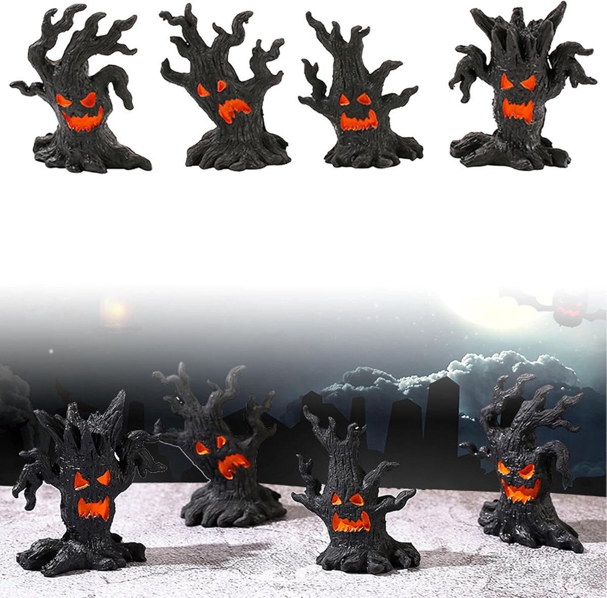 SnelShoppen - 4x Halloween Boomstronk Decoratie Mini Hars Tuinaccessoires - Lifelike Ghost Tree Stump voor Tuin, Slaapkamer, Feesten - Unieke Hallowee