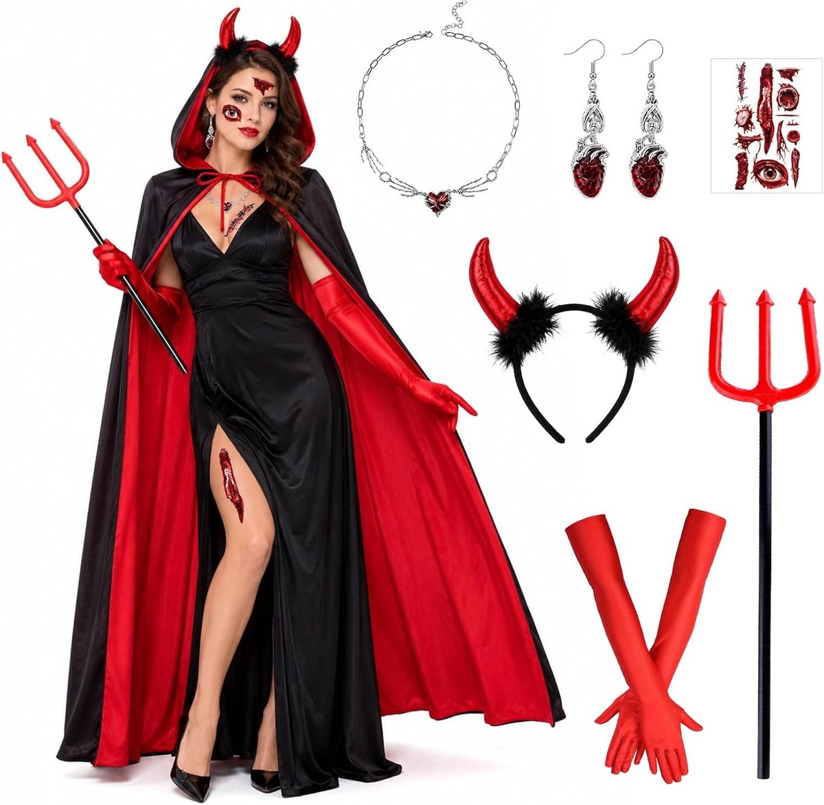Dubbellaags Cape met Kap voor Vrouwen, 175 cm, inclusief Drietand, Handschoenen en Ketting voor Halloween en Carnaval