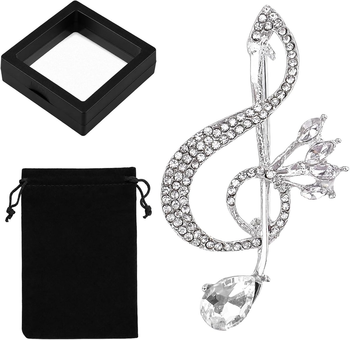 Muzieknoot broche strass kristal met zwarte doos en zwart fluwelen zakje, G-sleutel muziekbroche sjaal jassen jurk bruiden corsage broches muzikant boeket sieraden geschenken