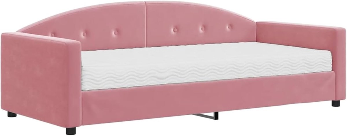 2-in-1 slaapbank, 90 x 200 cm, met schuimmatras 17 cm, bekleed met zacht fluweel (100% polyester), houten en metalen frame, ideaal voor woonkamer of logeerkamer, roze