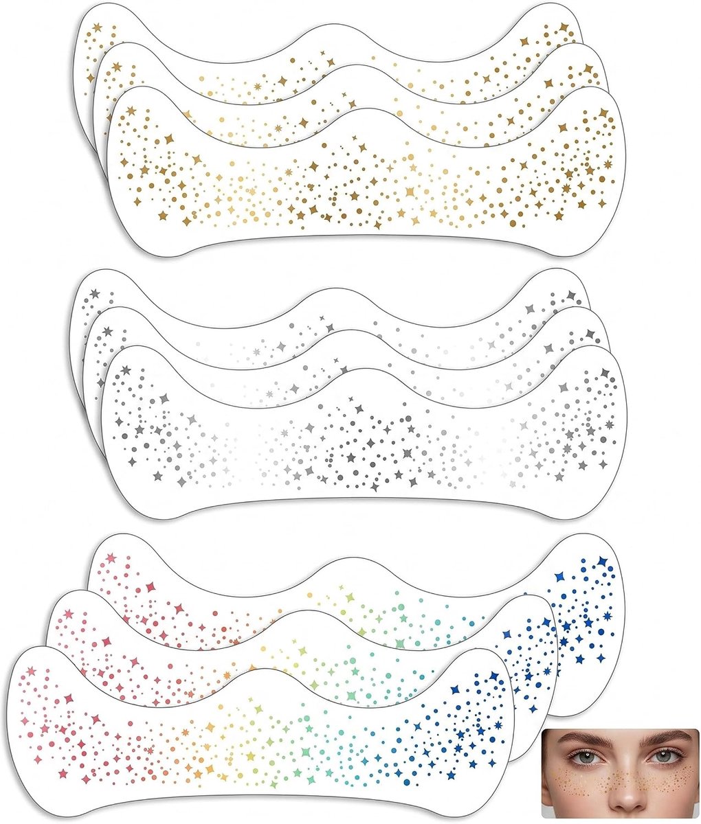 Sproeten tattoo, 9 vellen, 15,5 x 5 cm, goud/zilver, holografisch, waterdicht, duurzaam, voor gezicht, festival en party, vrouwen