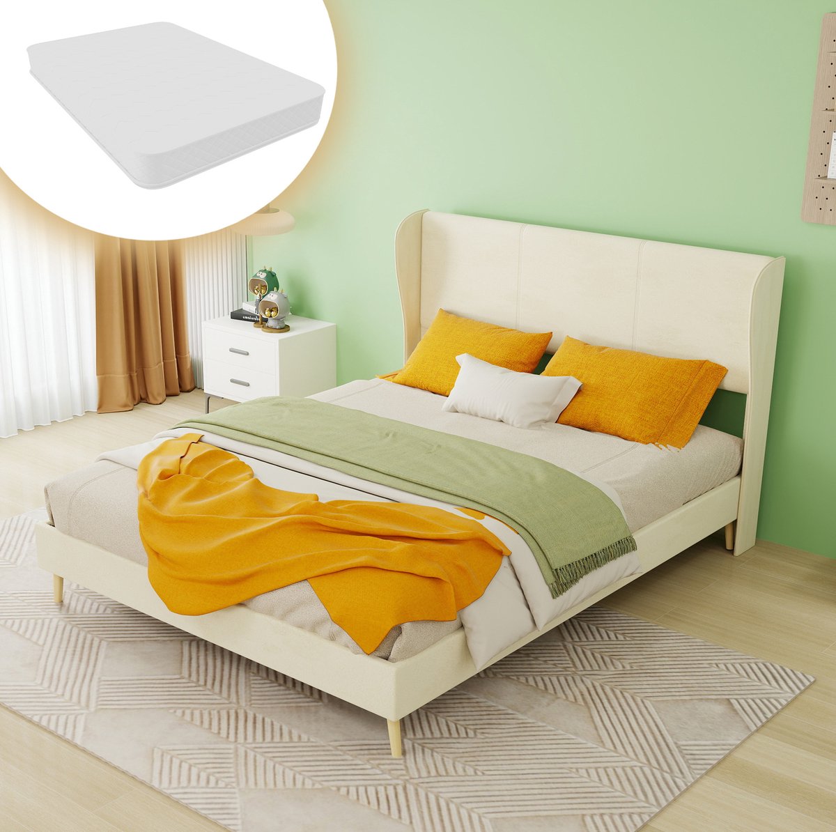 REDOM Tweepersoonsbed - Zacht gestoffeerd hoofdbord - Lattenbodem zonder boxspring - Vast bedframe zonder opbergruimte - Stof - Beige - 140 x 200 cm