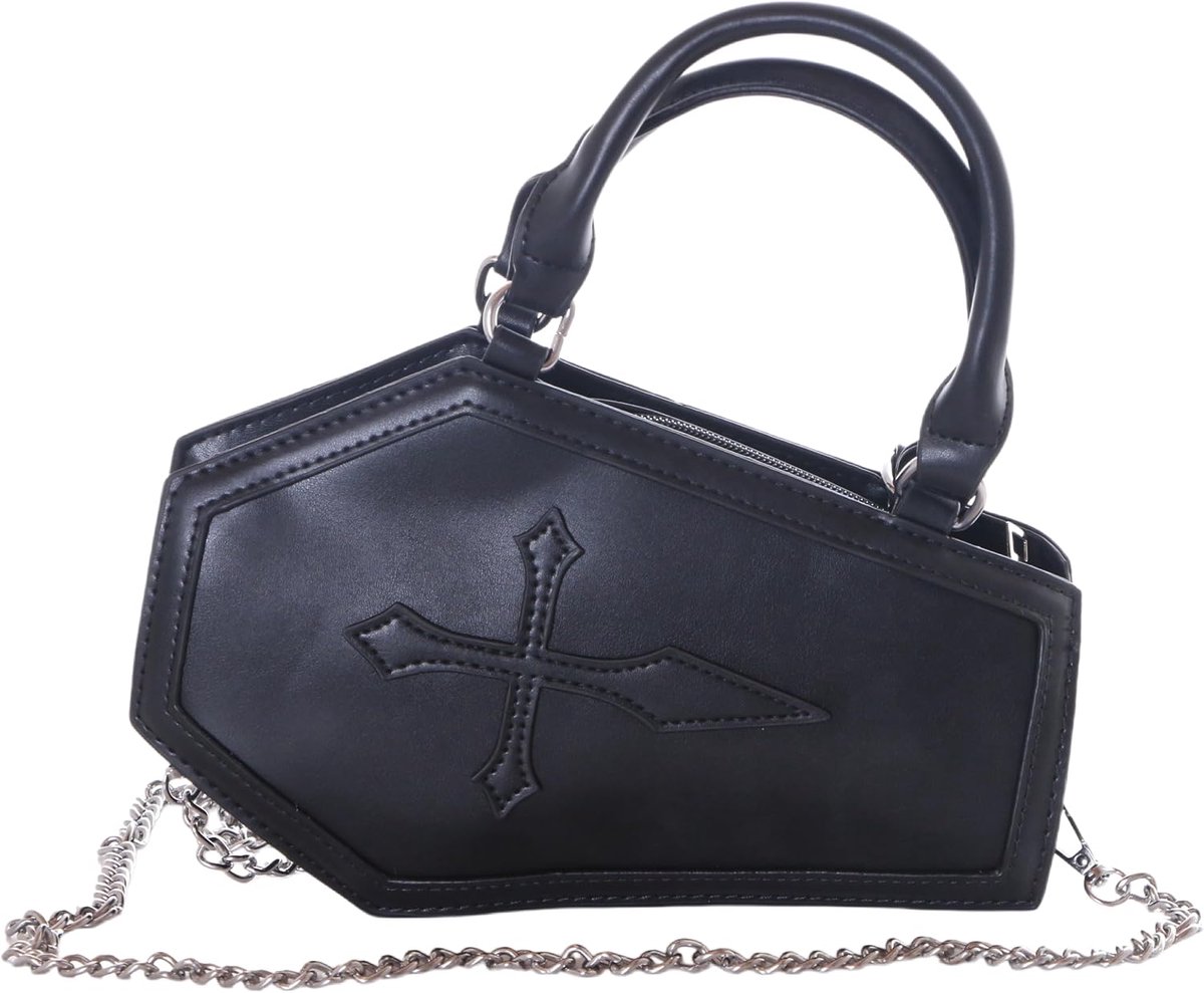 LB-6170 Sarg-vorm damestas met kettingriem, gothic Halloween-stijl, PU-leer, zwart, 26 x 23 x 7,5 cm