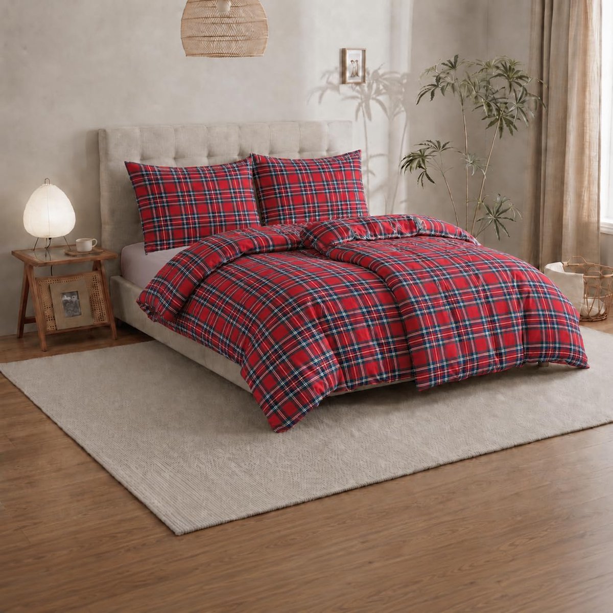 Home Beddengoedset 135 x 200 cm, 100% katoen, 1 dekbedovertrek 135 x 200 cm + 1 kussensloop 80 x 80 cm, Made in Italy (rood Schots, 2-delig | 135 x 200 cm + 80 x 80 cm)