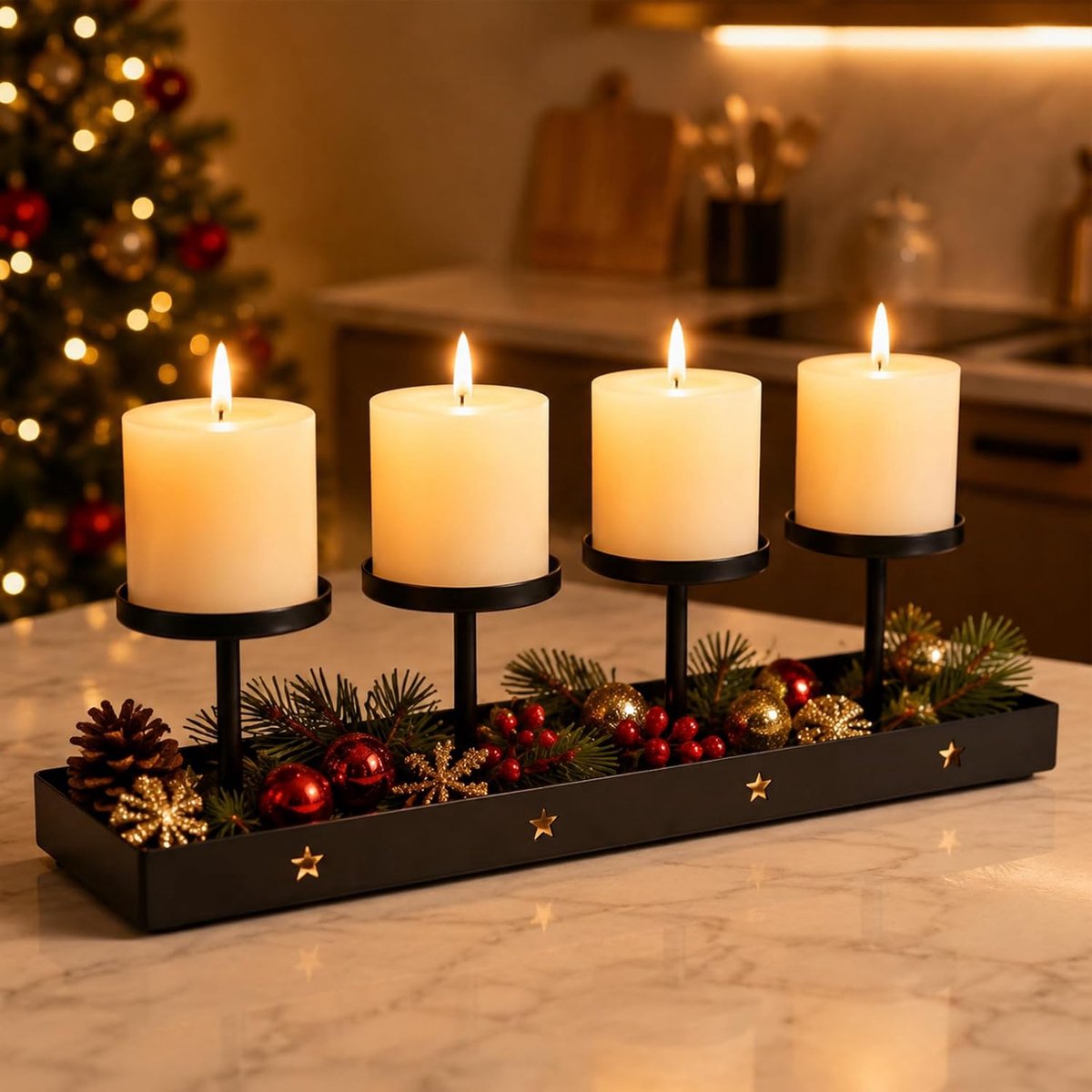 Zwart, metaal, adventskaarsen, lijst voor 4 stompkaarsen