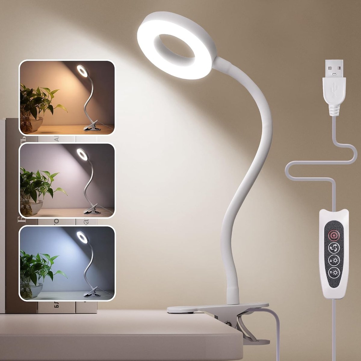 Moderne bureaulamp met klem, 48 LED's, 3 helderheidsniveaus, vermindert blauw licht, ideaal voor lezen en werken