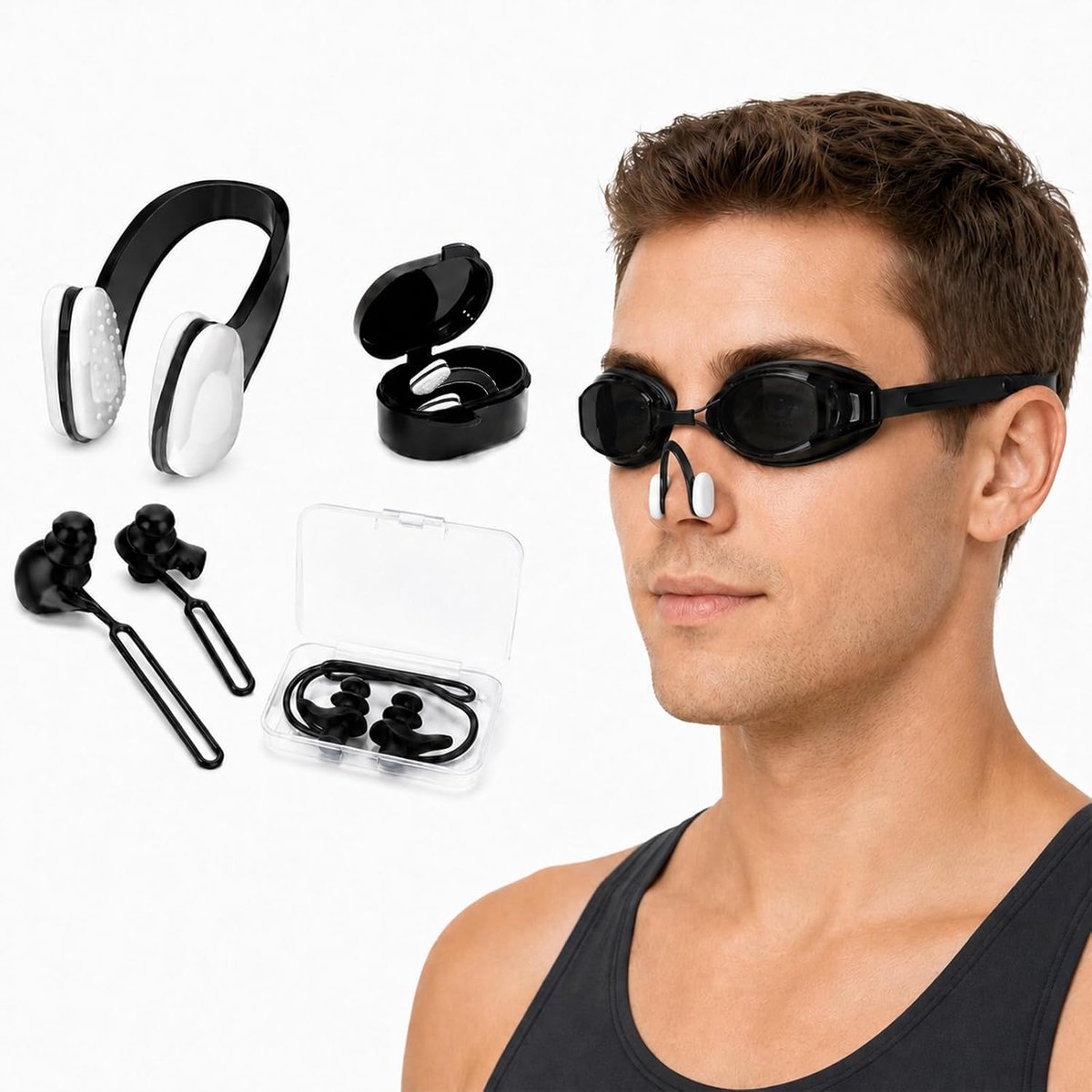 Zwemset, 1 neusklem met doos en 1 paar oordopjes met trekkoord, anti-verlies, voor training, reizen, outdoor en dagelijks gebruik