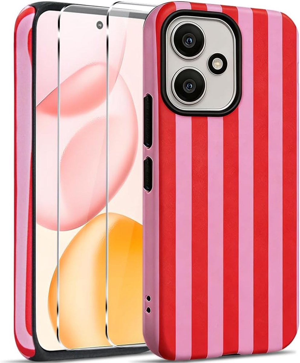 Beschermhoes voor Honor 400 5G met 2 stuks gehard glas, hard PC + TPU Dual Layer Hybrid Esthetic Stripes patroon beschermhoes voor vrouwen en meisjes, rood