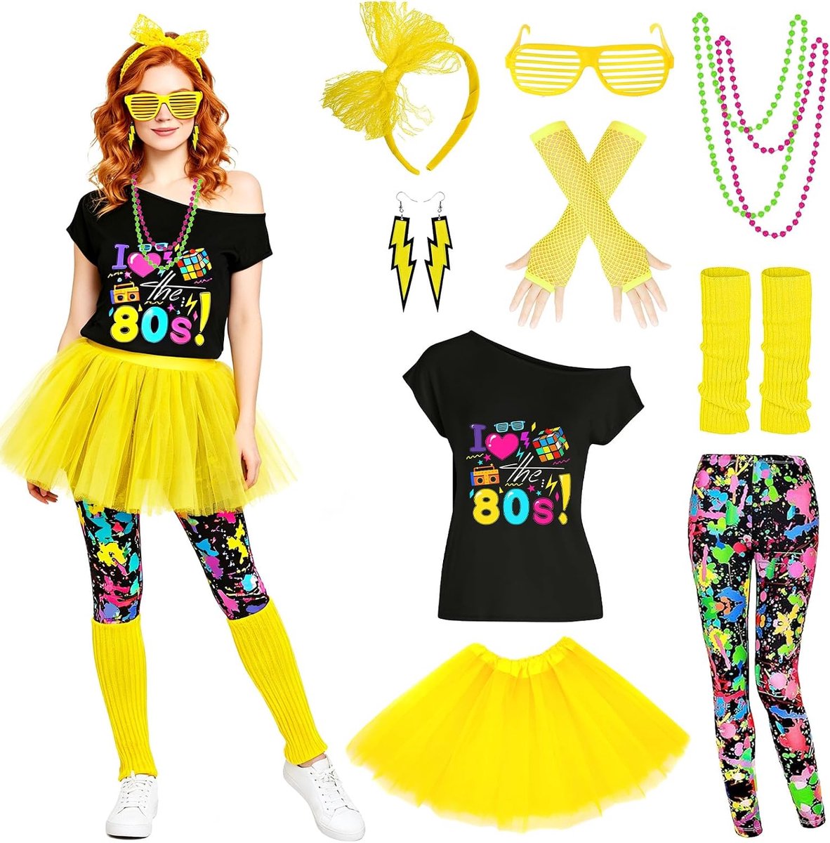 80-outfit voor dames, jaren 80 workoutkostuum, jaren 80-accessoires, jaren 80/90-outfit voor dames, jaren 80/90-kleding, kostuumaccessoires, voor carnaval, themafeest