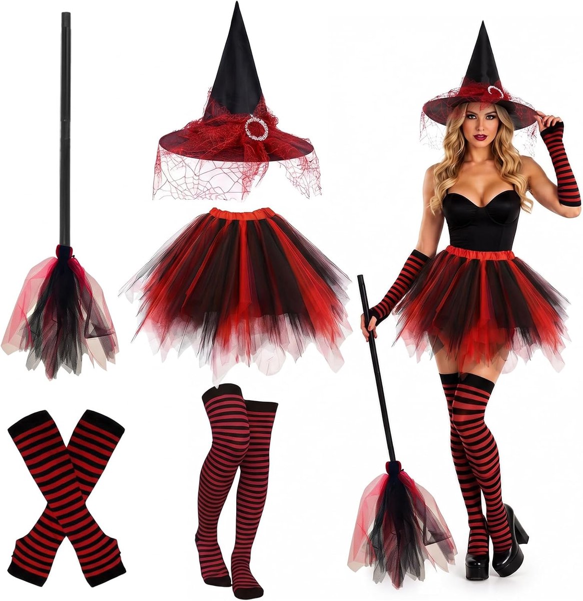 Tule rok, hoed, panty, bezem, voor feestje