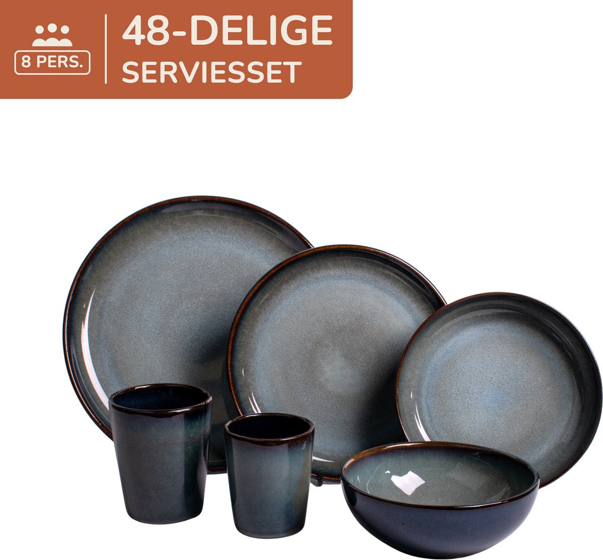 48 delige serviesset - 8 persoons - blauw met groen - Portugees stoneware - Porto - Kade 171 serviessets - hip en trendy