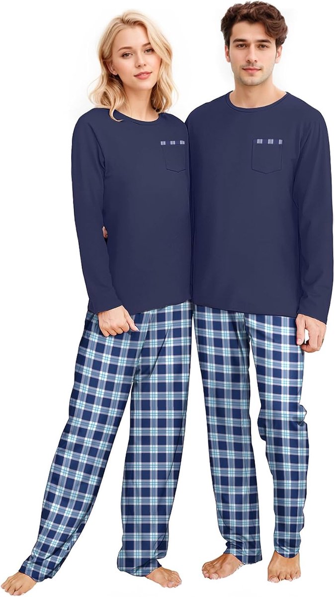 Kerstpyjama voor koppels, tweedelige pyjamaset, lang, dames en heren, briefdruk, Kerstmis, nachtkleding, huispak, loungewear, Blauwe nachtkledingsets, M