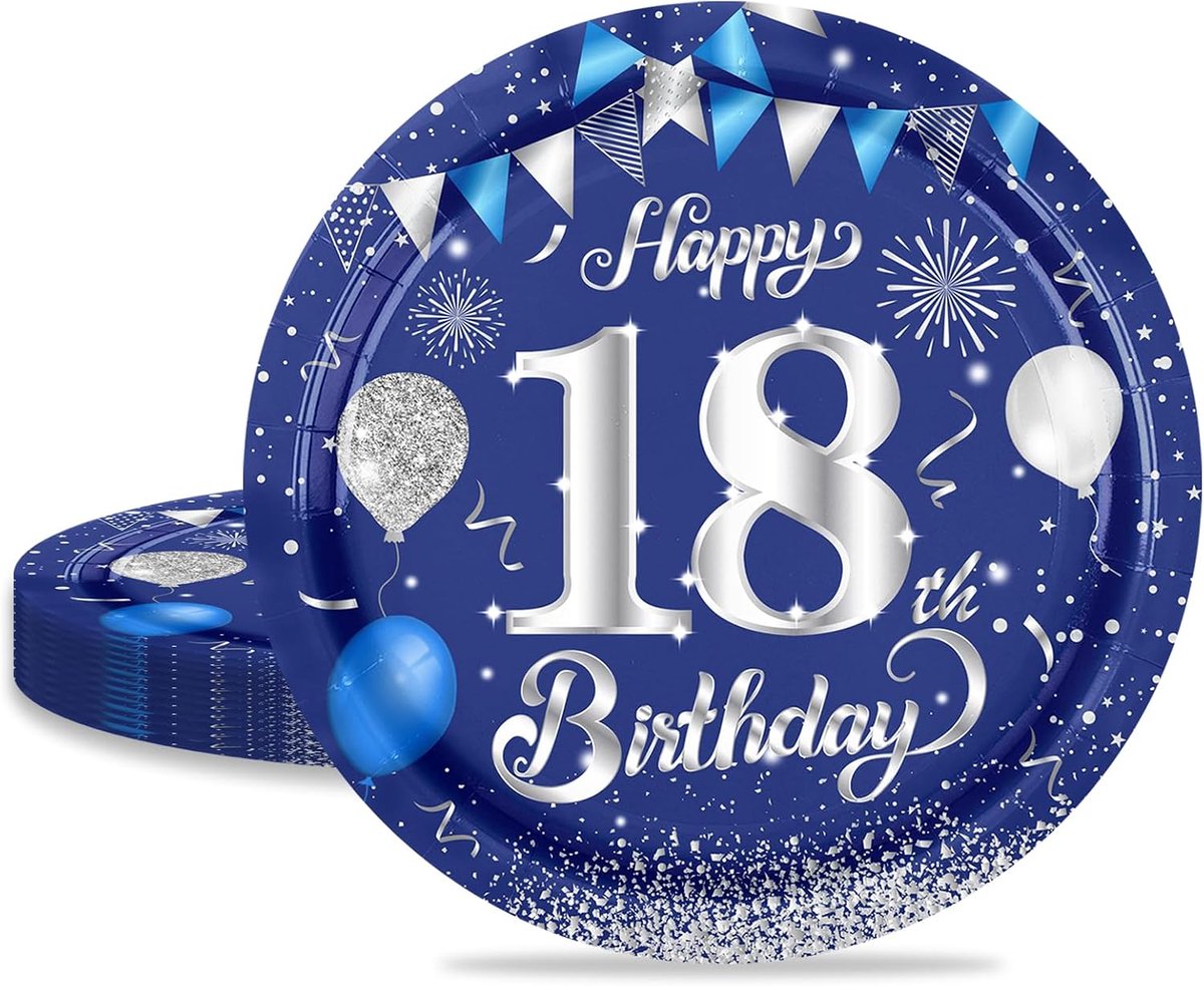 18 stuks papieren borden, 16 stuks blauw met zilver, 7 inch/18 cm voor 18e verjaardag party decoratie