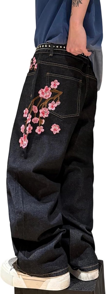 Jeans voor mannen, hiphop, pruimenbloesem, wijde pijpen, denim broek