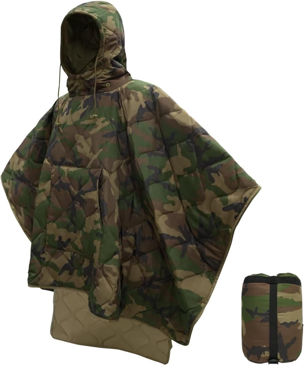 YAGXIG Outdoor Slaapzak - Warme Slaapzak - Poncho-stijl Slaapzak - Met Capuchon en Zakken - Waterdicht - Geschikt voor Kamperen, Reizen, Wildernisoverleving, Jagen en Noodgevallen in de Auto - 150*200 cm - Militair Groen Camouflage