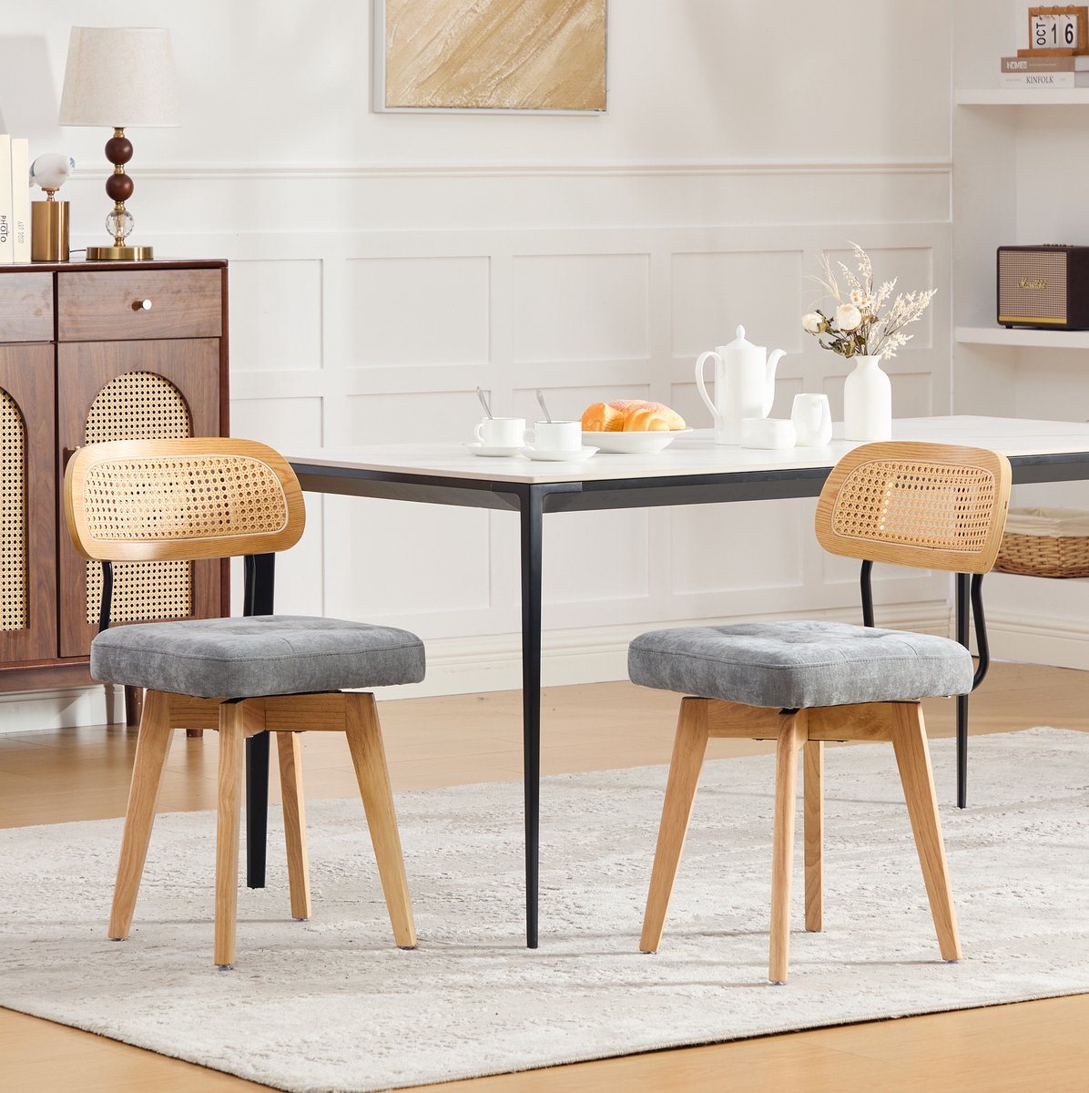 FloraGrace Eetkamerstoelen Set Van 2 43 x 50 x 77 Cm - Draaibaar Met Gevlochten Rotan Rugleuning - Eetkamer En Keuken - Chenille - Grijs