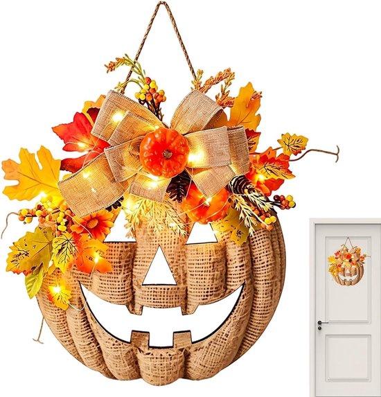 Pompoenkrans van jute met herfstbladeren, strik en warme LED-verlichting, hangend.