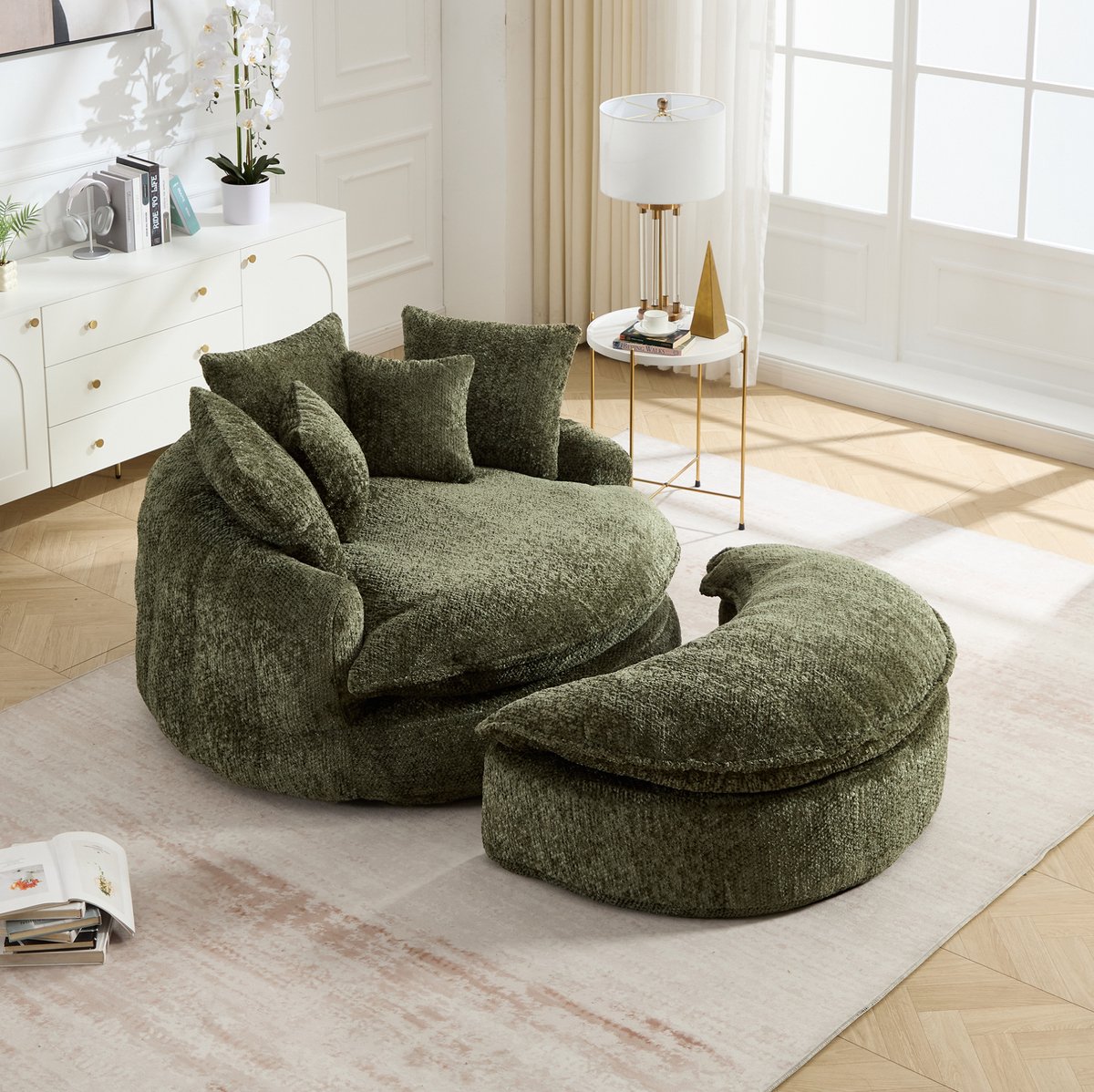 FloraGrace Fauteuil 190,5 Cm - Extra Ruim Rond Met Hocker En Kussens - Zachte Schuimvulling Voor Woonkamer Of Lounge - Polyester - Olijfgroen